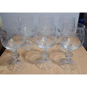 VINTAGE SET OF 6 BOHEMIA CRYSTAL ETCHED "CASCADE" CZECH WINE GLASSES 5"5/8
